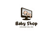 Vector illustration of cute baby logo design sleeping on the computer, online baby shop logo