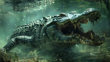 A crocodile with its mouth open, swimming in the water of an underground river. It has large fangs. In front of it is some marshy vegetation floating around the bottom.