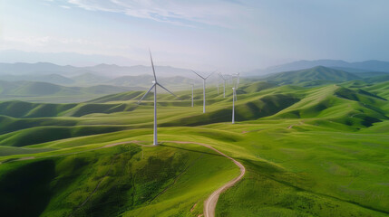 Wall Mural - A row of white wind turbines far away on the green rolling hills against blue sky, landspace in Xinjiang