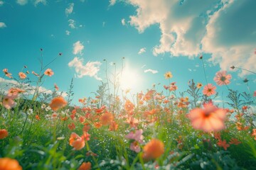 Wall Mural - a field of white flowers with a bright blue sky in the background