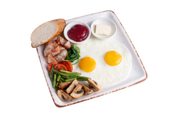 Wall Mural - Breakfast Plate, Fried Eggs, Bacon, Roasted Mushrooms, Vegetables and Toppings on White Background