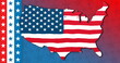 Map of USA, painted with American flag colors, sitting on red and blue background