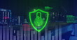 Digital security graphics overlaying cityscape at night, symbolizing data protection