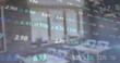 Stock market numbers reflecting on glass window, displaying various stock prices