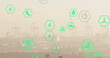 Green digital icons overlay industrial port scene, cranes visible in background