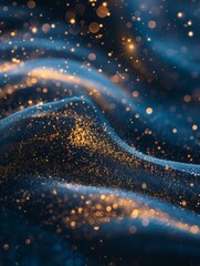 Golden glitter particles flowing on dark blue silk. AI.