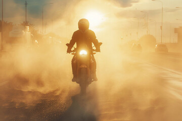 A motorcyclist on the highway produces a lot of dust