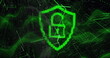 Image of digital shield with padlock over green waves on black background