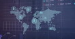 Image of world map and bitcoin signs over dark background