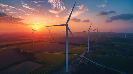 An aerial view of wind turbines generating green energy during sunset. Generative AI.