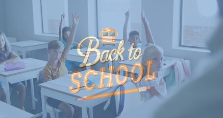Wall Mural - Image of back to school text and school bus icon over diverse teacher and schoolchildren