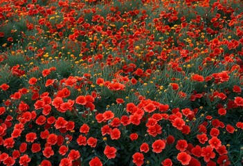 Wall Mural - Vibrant red flowers bloom in a lush field orchard, AI-generated.