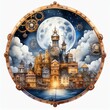 steampunk, fond blanc, peinture à l’aquarelle à l’intérieur du cercle de l’art, ville dans la nuit, nous pouvons voir la lune dans le ciel et les nuages ; illustration dessinée à la main