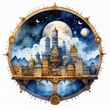 steampunk, fond blanc, peinture à l’aquarelle à l’intérieur du cercle de l’art, ville dans la nuit, nous pouvons voir la lune dans le ciel et les nuages ; illustration dessinée à la main