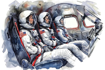 Watercolor painting depicting astronauts seated inside a spacecraft, preparing for a mission or in communication with ground control