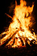 Bonfire burning at night, bright orange flames of fire