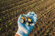 Farmer holding plastic diecast tractor farm vehicle in field