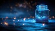 © masharinkaphotos - Glass jar with shimmering magic sand, cosmic blue background. Generative AI