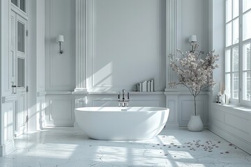 An interior view of a bathroom with a bathtub and washing machine against a white wall.