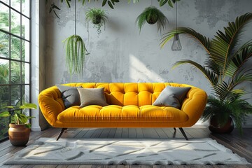 Three-dimensional rendering of a white wall interior living room with a yellow sofa and minimal decoration.