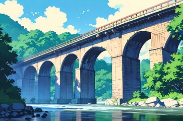 Wall Mural - Railway bridge anime style illustration in nature lush green trees, architect, clouds sky trees