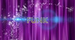Image of funk text over light trails and snowflakes on purple background