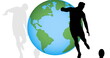 Image of rugby player silhouettes over globe on white background