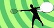 Image of tennis player silhouette with speech bubble over shapes on green background