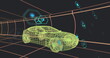 Image of eco icons and data processing over 3d car technical drawing