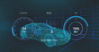 Image of digital dashboard data processing over car icon in seamless pattern