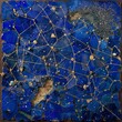 A blue and gold mosaic of the night sky with stars and constellations