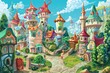 A colorful fantasy town with many buildings and a castle