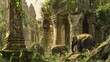 Scene is one of adventure and exploration with elephant in the ancient building.