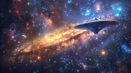 Wall Mural - A lone UFO illuminated by a nearby star, surrounded by a galaxy filled with sparkling nebulae and astronomical phenomena