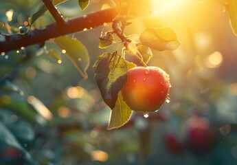 Wall Mural - red apple on a tree branch , morning sunshine