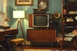 A room with a television, a lamp, and a chair