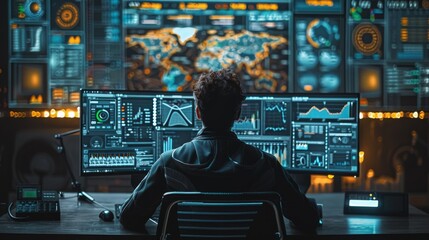 Fototapete - A guy sitting at his desk looking at big monitor analyzing different statistics shown on the screen. Generative AI.