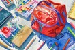 A variety of school supplies lying on the table. A close-up banner