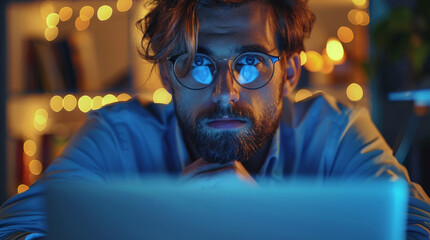 Poster - Staying late to get it done. a young businessman looking at the computer at his desk during a late night at work. Generative AI.