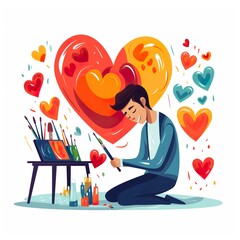 Wall Mural - A stick-figure artist creating a masterpiece with heart-shaped strokes. 