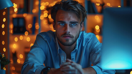 Poster - Staying late to get it done. a young businessman looking at the computer at his desk during a late night at work. Generative AI.