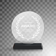 Sticker - Glass winner trophies. Glass Trophy Awards. First place award, crystal prize and signed acrylic trophies. Glass award trophy or winner prize realistic vector illustration. Transparent crystal plate