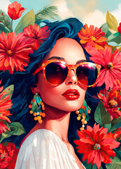 Wall Mural - Fashion woman wears huge sunglasses and red flowers jewelry. Paint drawing. Selective focus.