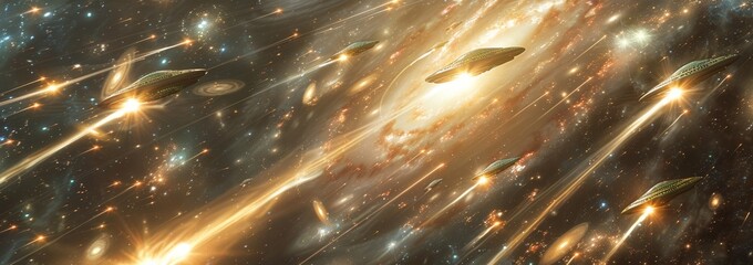 Wall Mural - Dynamic scene of multiple UFOs racing through a sparkling galaxy, emitting beams of light and pulsating energy