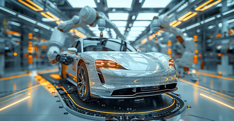 Fototapete - The robots arm, assembling an electric car in a futuristic factory. Generative AI.