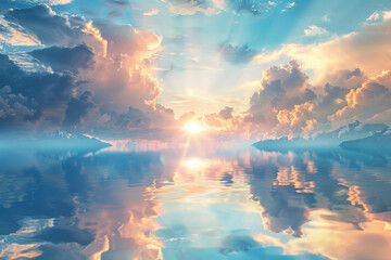 Wall Mural - A sunset over a lake with clouds and a sunset 