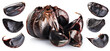 Black garlic bulbs and cloves isolated on white background. With clipping path.