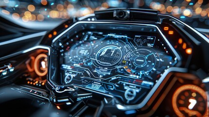 Aufkleber - A depiction of a futuristic car dashboard screen, intricate geometric patterns, cool blue and silver colors, symbolizing innovation and luxury. Generative AI.