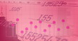 Image of changing numbers, statistical and stock market data processing against pink background