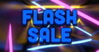 Image of flash sale text over glowing neon lights on black background